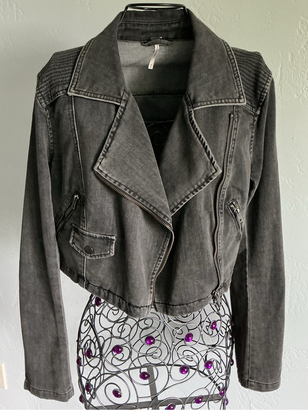 Free People Cropped Washed Black Denim Moto Jacket